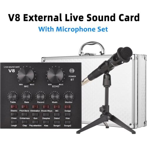 V8 External Live Sound Card Microphone Set Mini Sound Mixer Board for Live Streaming Karaoke Music Recording w/ 12 Sound Effects
