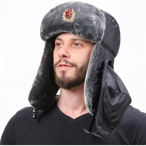 Newly Russian Trapper Hat Cap with Soviet Badge Faux Furs Ushanka Flaps Hat Winter Water and Wind Proof Oudoor Use DOD88