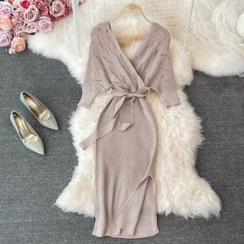 Summer new lace hollow Dress V-neck temperament commuter fashion woman dress Bat sleeve slit dresses for women 2021 Z933