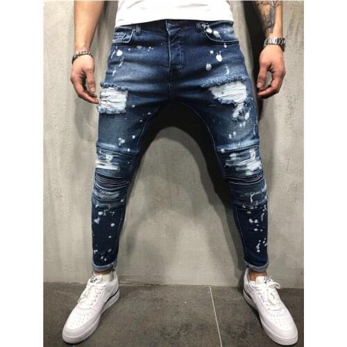 Otor Skinny Jeans Mens Ripped Painted Slim Fit Straight Pleated Denim Pants Stretch Snowflakes Wash painted Hip-hop Jeans