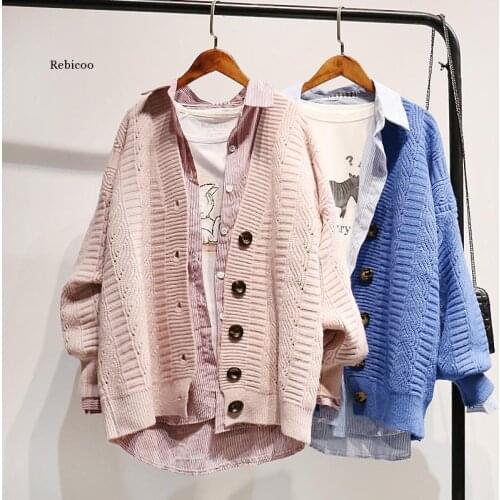 Autumn Winter Knit Sweater and Cardigans Women Open Stitch Loose Knit Cardigans Pink Jumpers Winter Sweater Coat