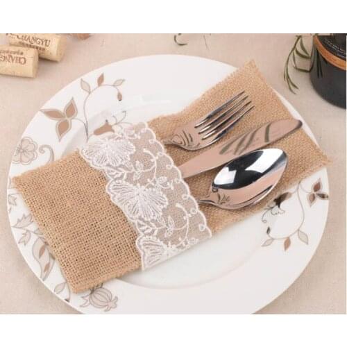 Pack of 50 Burlap & Lace Silverware Holder Burlap Jute Hessian and Lace Wedding Decor Cutlery Bag Tableware Holder Pocket