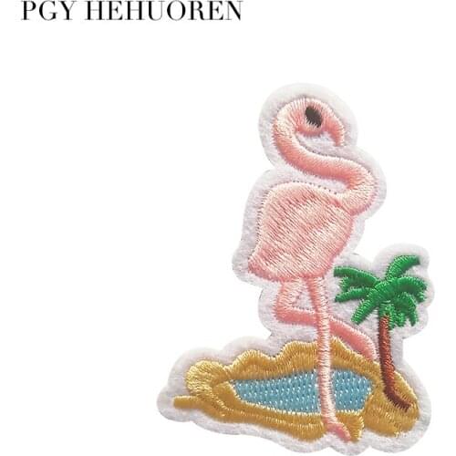 PGY Hawaii style1pc Pink Flamingo Tree Embroidered Patches for Clothing Iron on Badge Trousers Sticker Stripes Appliques Decor