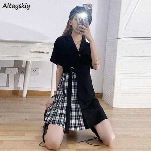 Short Sleeve Dress Womens Summer High Waist A-Line Patchwork Cool Girls Streetwear Notched Mini Dresses Slim Sashes Trendy Retro