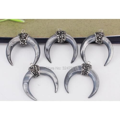 10pcs Fashion Crescent Shape Natural Shell Stone Pendant,with Crystal Rhinestone Horn Pendant for Jewelry Making