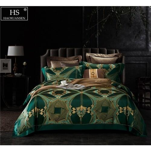 Luxury 26 Momme Mulberry Silk Yarn Dyed Jacquard Green Gold Fabric Atmosphere Baroque 4Pieces Bedding Sets King Size Bedroom