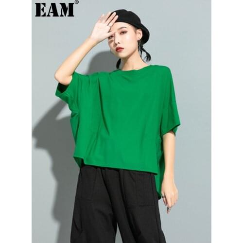 [EAM] Women Green Red Back Ruffles Split Big Size T-shirt New Round Neck Half Sleeve Fashion Tide Spring Summer 2021 1U507