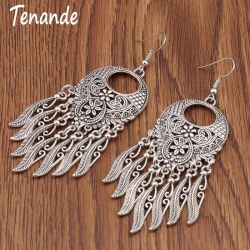 Tenande Vintage Tibet Silver Color Big Statement Hollow Carved Flowers Geometric Patterns Leaves Tassel Drop Earrings for Women