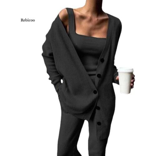Spring 3 Piece Sets Women Solid Rib Knitted Elegant Strapless Top and Long Pants Suit Sexy Single Breasted Long Cardigan Outfits