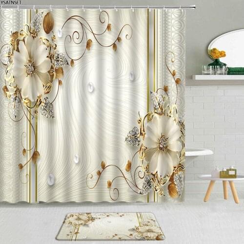 2Pcs 3D Diamond Pearl Yellow Flower Shower Curtain White Swan Butterfly Bathroom Non-Slip Carpet Bath Mat Curtains Set Washable