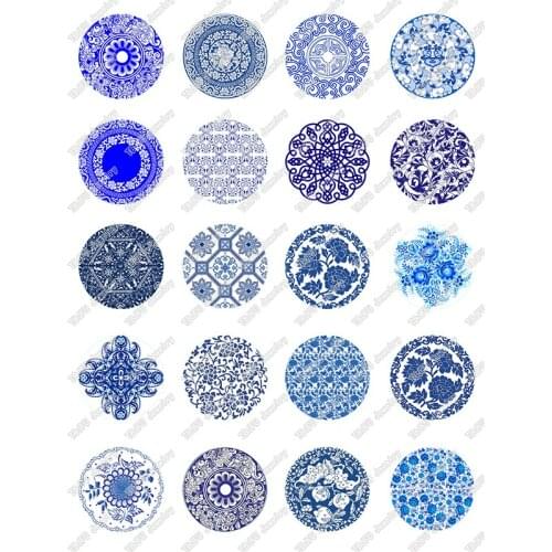 20pcs/lot 18mm 20mm 25mm Round Blue and White Porcelain Pattern Glass Cabochon for DIY Jewelry Making Findings & Components T069