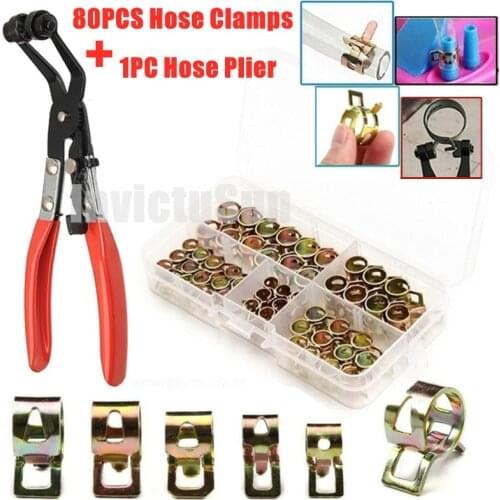 80Pcs 6/7/8/9/10mm Spring Clip Fuel Line Hose Water Pipe Air Tube Clamps Fastener +1PC Hose Plier
