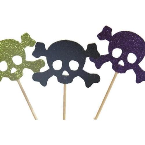 Glitter skull cupcake toppers, Halloween party supplies, pirate birthday decorations food picks decorations