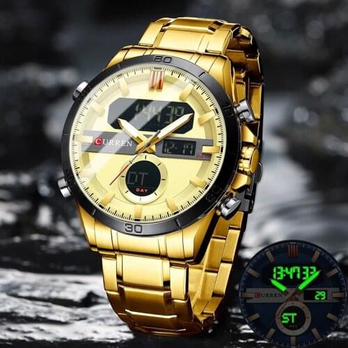 CURREN Gold Fashion Sport Mens Digital Watches with Stainless Steel Chronograph Luminou Wristwatch LED Male Wrist Watch For Men