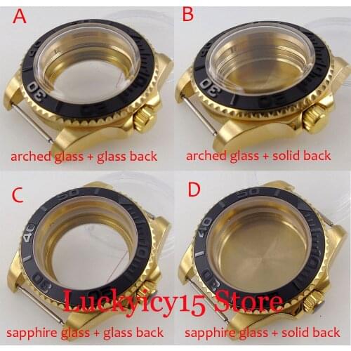 40MM Yellow Gold Watch Case fit nh35a nh36a eta 2824 miyota 8215 821A DG Brushed Black Insert See-through Back Screw Crown