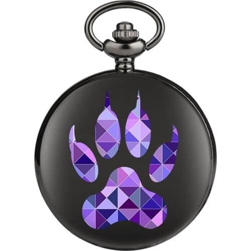 Customized Bear Paw Print Black Smooth Quartz Pocket Watch with Fob Chain Pendant Clock Watches Birthday Gifts for Boys Dropship