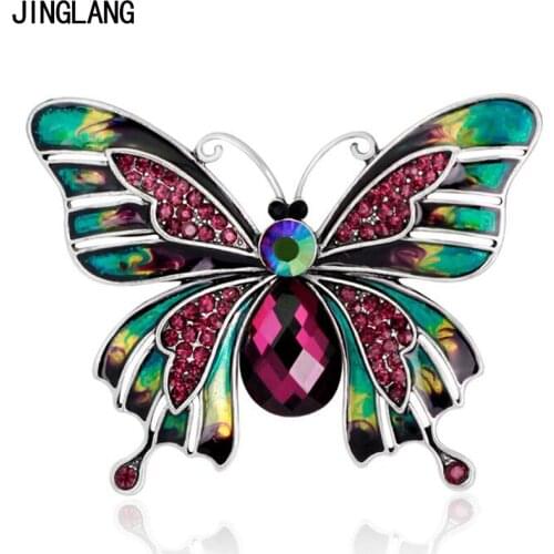 JINGLANG Animal Metal Brooches Pins Pink White Rhinestone Butterfly Brooches For Women Suit Clothes Decoration Jewelry