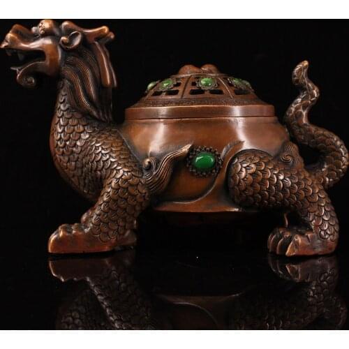 9"Chinese temple collection Old Bronze mosaic Gem Dragon turtle statue incense burner Incense Ornaments Town House Exorcism