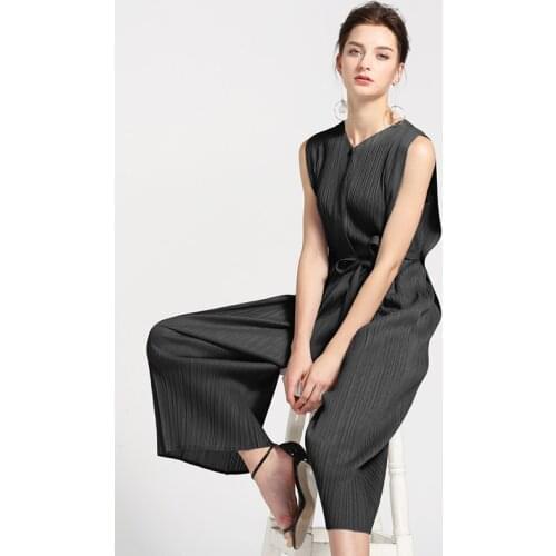 2021 Summer overalls Miyake Pleated high waist jumpsuit black sleeveless wide leg Elegant women Sashes jumpsuit