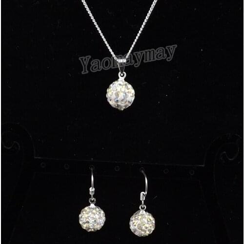 AB Clear Disco Ball Pendant Earrings And Silver Plated Necklace Crystal Jewelry Set 10 Sets Wholesale