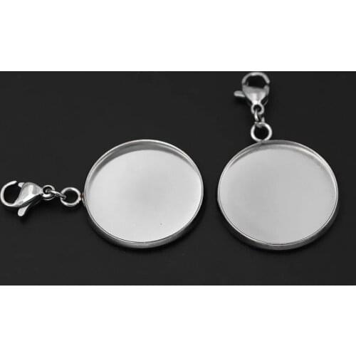 Stainless Steel Round Bezel Pendant Tray Lobster Clasp Connector Cameo Cabochon CAB Base Setting for Charms Jewelry DIY Findings