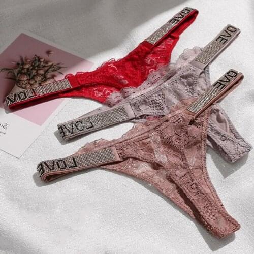 Lace Sexy G String Women Panties Seamless Underwear Rhinestone Letter Transparent Thongs For Female Low Rise Ladies Briefs