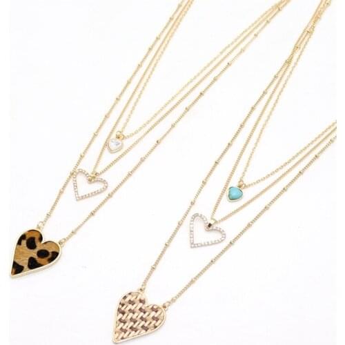 Fashion Straw Rope Braided Heart Pendant Natural Stones Multilayers Chain Sweater Necklace Geometric Body Jewelry