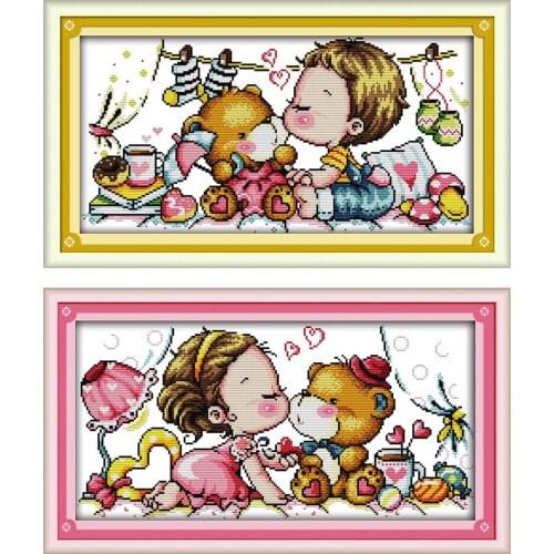 Kiss Bear -boy And Girl Chinese Cross Stitch Kits Ecological Cotton Stamped Printed 14 11CT DIY Gift Wedding Decoration For Home