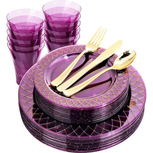 120-Piece Disposable Tableware Set Purple Gold Rim Plastic Plate Silverware and Cups Wedding Birthday Party Supplies