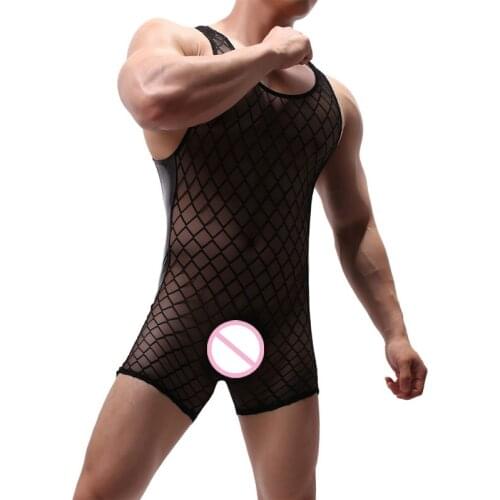 New Mens Bodysuit Sexy Mesh Undershirts Leotard Slip Homme Underwear Singlet Jumpsuits Bodywear
