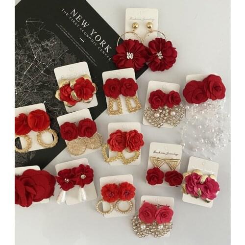 Juran Wholesale Fashion Flower Handmade Drop Earrings Crystal Red Rose Flower Stud Earring Party Jewelry 24 Styles