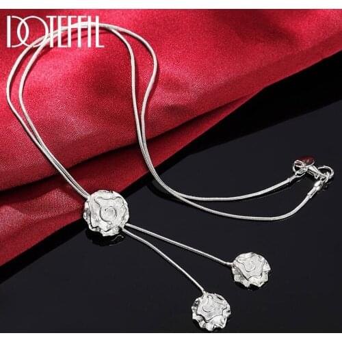 DOTEFFIL 925 Sterling Silver 17 Inch Three Rose Pendant Snake Chain Necklace For Women Fashion Wedding Party Charm Jewelry