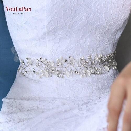 YouLaPan SH290 Ribbon Belts for Wedding Dresses Sash Belts Simple Alloy Leaves and Pearl Belt Thin Bridal Belt Corsets Belt