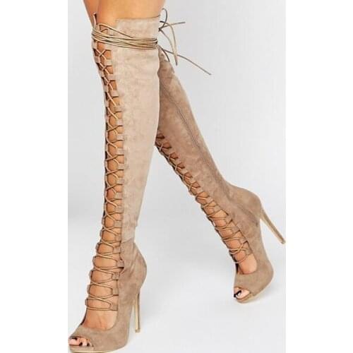 Luxury Black Taupe Suede Lace-up Strappy Over The Knee Boots Peep Toe Cut-out Gladiator Sandals Boots Women High Heel shoes woma