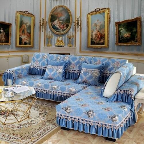 Luxury Blue Chenille Sofa Cover High-grade Non-slip Sofa Towel Cushion Pillow Case Exquisite Jacquard Lace Combination Sofa Set