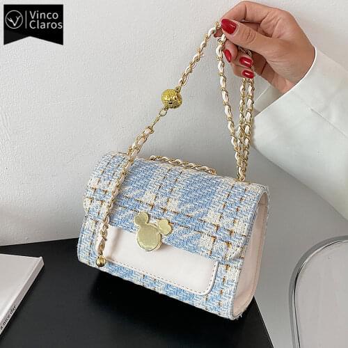 Fashion Patchwork Women Chains Shoulder Bag Trend Luxury Designer Plaid Crossbody Bag Quality Wool Messenger Bags for Women 2021