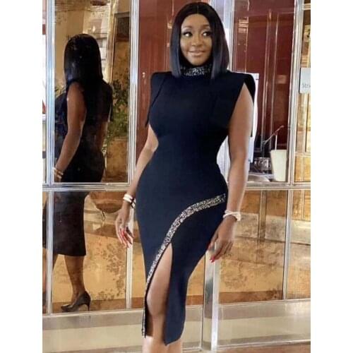 Swtao Women Sexy Designer Split Black Midi Bandage Dress 2021 Ladies Office Lady Elegant Tank Bodycon Party Dress Vestido