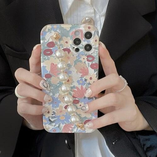 Tobebest Retro Flower Pearl Bracelet Phone Cases for iPhone 12 Pro Max 11 pro max X XS XR 7 8 Plus SE 2020 Chain Soft Cover