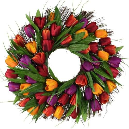 Tulip Wreath Door Wreath Artificial Flower Tulip Floral Twig Door Wreath Summer Wreath for Front Door Wreath