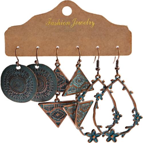 Vintage Bohemian Style Ethnic Earrings Antique Bronze Geometric Pattern Engraved Earrings 3-Piece Set 2020 Jewelry Gift