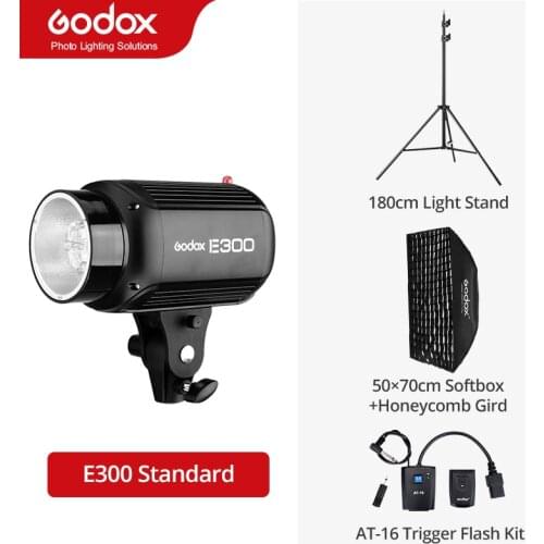 Godox E300 300Ws Photography Studio Flash Strobe Light + 180cm Light Stand + 50 x 70cm Honeycomb Gird + AT-16 Trigger Flash Kit