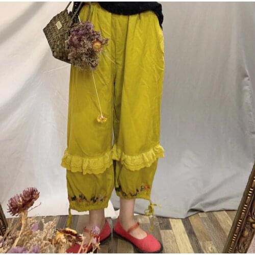 Women Japan Style Cotton and linen Embroidery Harem Pants Lace Embroidered Casual Bloomers