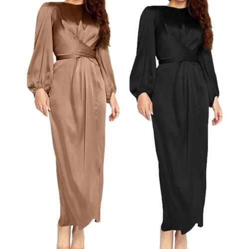Women Arab Muslim Satin Puff Long Sleeve Maxi Dress Solid Color Cross Wrap Front Self-Tie Waist Abaya Dubai Turkey Hijab