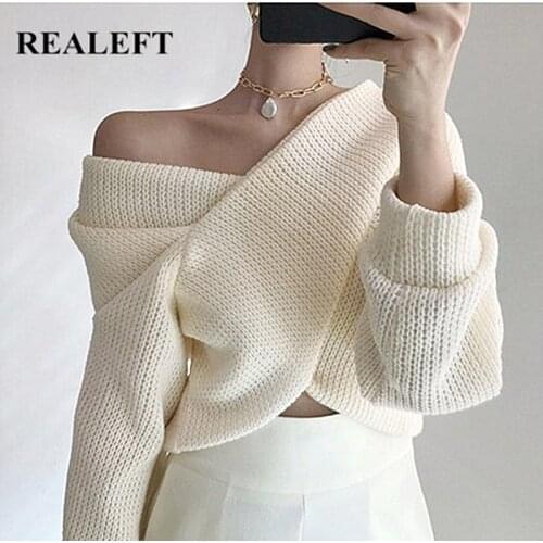 REALEFT 2021 New Autumn Winter Front Cross Womens Pullovers Long Sleeve Loose Sweaters Female Off Shoulder Knitting Sexy Tops