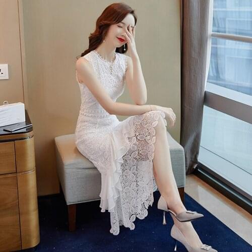 YUZACDWX Women Summer Runway Dress 2020 Fashion White Lace Princess Mermaid Floral Embroidered Long Maxi Dresses vestidos