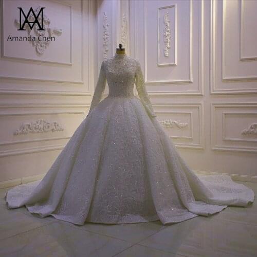 Gothic dress High Neck Long Sleeve Beading Lace 2021 Muslim Wedding Dress