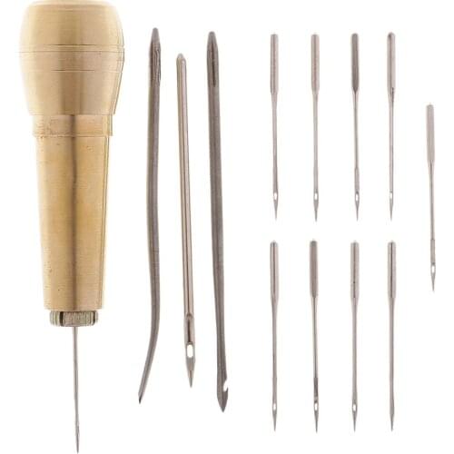1Pcs Copper Tent Leather Canvas Sewing Awl + 13Pcs Curved Straight Needles