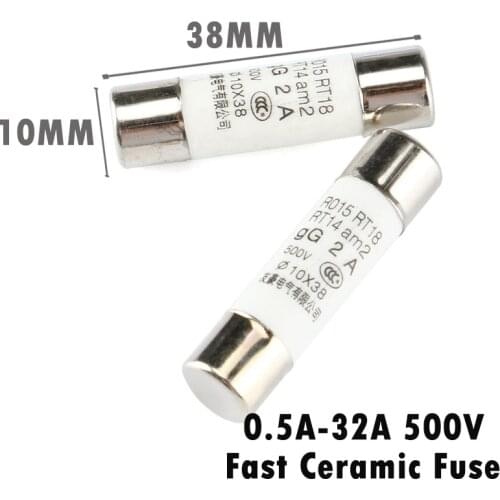 5Pcs 10*38 Fast blow Ceramic Fuse 10x38mm Fuse 500V 0.5A 1A 2A 4A 5A 6A 8A 10A 16A 20A 32A RO15 RT18 RT14