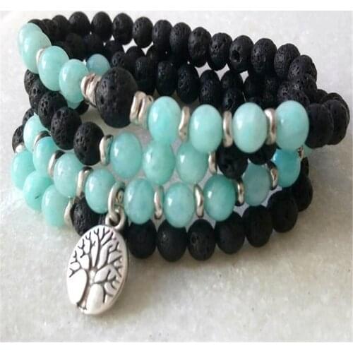 6MM Amazonite Gemstone Mala Bracelet 108 Beads Tree Pendant Spirituality Handmade Healing Meditation Yoga cuff Reiki Lucky