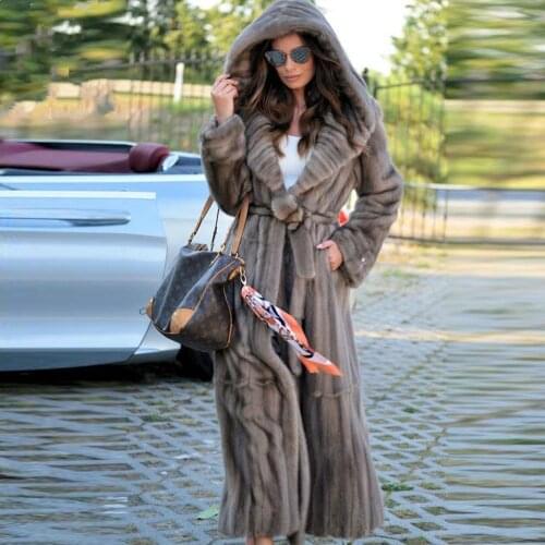 BFFUR 130cm Long Real Mink Fur Coat With Hood 2021 New Trendy Natural Mink Fur Overcoats Luxury Woman Fur Coat Natural Outwear